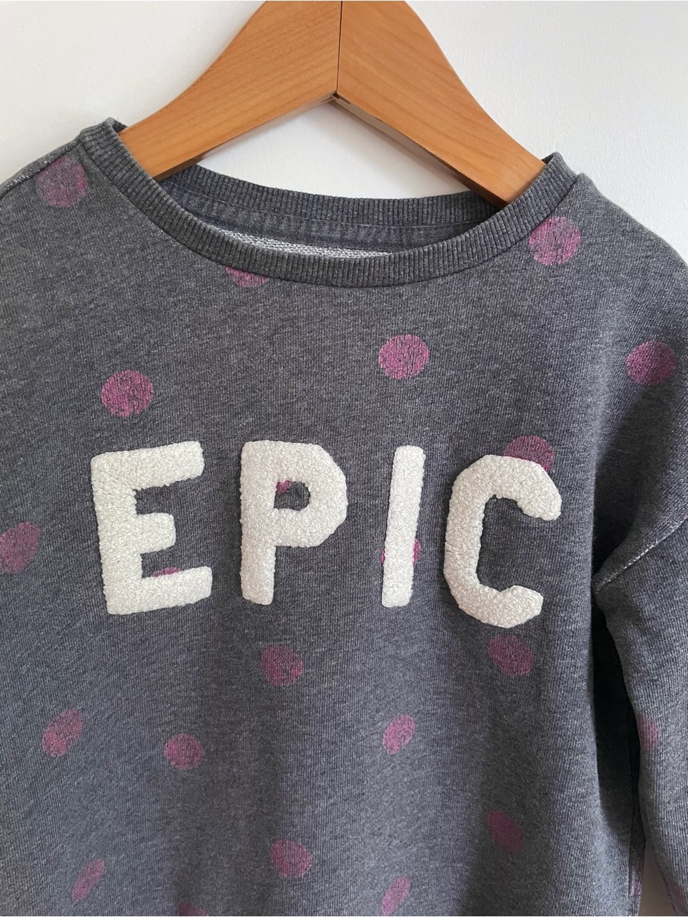 $6 💥Gap EPIC Flocked Sweatshirt, So Soft French Terry, Grey & Purple Polka Dots